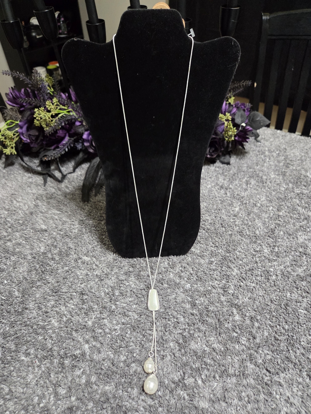 Sterling Silver Long Pearl Drop Pendant Necklace - White